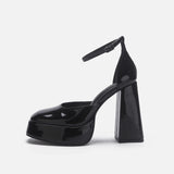 KYLETHOMASW  -  Women's Black Ultra High Heel Waterproof Platform Lacquer Leather Round Toe Thick Sole Single Shoe Large High Thick Heels