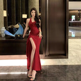 KYLETHOMASW  -  Sexy Slim Elegant Lady Long Dress Summer Short Sleeve Square Neck Pleated Fishtail Tight Party Dresses for Women