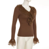 KYLETHOMASW  -  Socialite temperament retro brown V-neck lace ruffle slim fit long sleeved autumn slimming top with flared sleeves inside