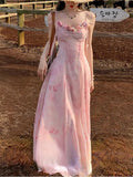 KYLETHOMASW  -  Casual Light Pink Printed Sleeveless Dress Beach Fashion Y2K Vintage Chic Summer French Retro Elegant Chiffon Midi Dress Women