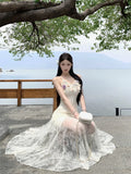 KYLETHOMASW  -  Elegant Summer Long Dress New Lace Fish Tail Goddess Style Holiday Floral Print Slimming Women's Fashion Ankle-length Sleeveless
