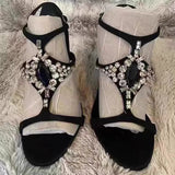 KYLETHOMASW  -  Summer new round toe open-toe metal rhinestone T-band sandals stiletto high-heeled banquet dress versatile crystal women's shoes