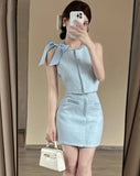 KYLETHOMASW  -  Elegant Skirt Set Women's Summer Bow Tweed Vest High Waist Mini Skirt Two-piece Set Fashion Female Clothes