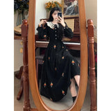 KYLETHOMASW  -  Sweet Hot Girl Embroidery Lace Turn-down Collar Long Dress Women's Autumn/winter Black Corduroy Dress Fashion Female Clothes