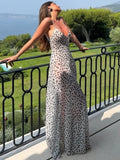 KYLETHOMASW  -  Backless Elegant See Through Maxi Dress Women Polka Dots Print Low-Neck Sleeveless Summer Holiday Ruched Sexy Outfits