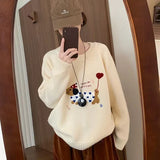 KYLETHOMASW  -  Korean Blue Puppy Towel Embroidered Raccoon Velvet Sweater for Women in Autumn and Winter Loose Outerwear Knitted Top