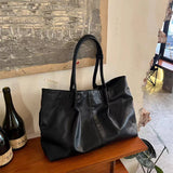 KYLETHOMASW  -  Simple Large Capacity Soft Leather Tote Bag Versatile Lightweight Black Commuter Shoulder Bag Fashion Casual Pleated Handbag