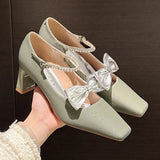 KYLETHOMASW  -  Elegant Bow Decoration Chunky Heel Pumps Women Luxury Rhinestone Ankle Strap Square Toe High Heels Fashion Wedding Bride Shoes