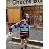 KYLETHOMASW  -  New Retro Detachable Hooded Lazy Style Striped Sweater Female Autumn/Winter Loose Casual Knitted Pullovers Sweaters Women Tops