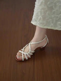 KYLETHOMASW  -  Vintage Open Toe Thick Heel Sandals for Women Fashion Woven Cross Straps Round Toe Roman Sandals Summer New Beach Casual Shoes