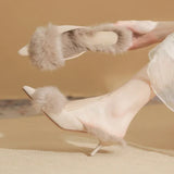 KYLETHOMASW  -  New Autumn Winter Fluffy Mules Slippers Women Pointed Toe Pumps Warm High Heels Slides Women Plush Thin Heels Slippers Female