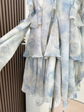 Kylethomasw 2000s Aesthetic Print Fairy Dress Ruffle Fashion Banquet Party Prom Blue Slash Neck Halter Dress Sweet Off Shoulder High Street