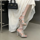 KYLETHOMASW  -  Designer Hollow Out Crystal Diamond Buckle Strap Woman Sandals Street Style Thin High Heels Striptease Shoes