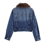 KYLETHOMASW  -  Dark Wash Denim Jacket with Removable Faux Fur Collar Women Cropped Long Sleeve Casual Y2K Korean Fashion Cowboy Coat