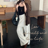 Kylethomasw Vintage High Waist Lace-up Solid Color Wide Leg Pants Women Autumn New Fake Two-piece Lace Stitching Loose Casual Pants