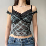 KYLETHOMASW  -  Ins Pure Desire Style Sexy Mesh Print Perspective Lace Lace T-shirt Spicy Girl Looks Thin Fake Two piece Mesh Short Top