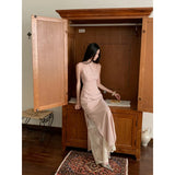 KYLETHOMASW  -  New Chinese Style Stand Collar Cheongsam Lace Pink Dress Slim Waist Long Skirt