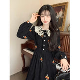 KYLETHOMASW  -  Sweet Hot Girl Embroidery Lace Turn-down Collar Long Dress Women's Autumn/winter Black Corduroy Dress Fashion Female Clothes