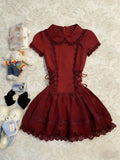 KYLETHOMASW  -  Red Vintage Waist Cinching Sweet Lace Dresses Y2k Lace Up Spring Summer Elegant Women's Dress Korean Fashion Design Ouutfit