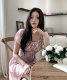 KYLETHOMASW  -  Retro Two-piece Contrasting Plaid Dress Women Summer New Style Temperament Lace Up Bubble Sleeve Short Dresses
