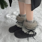 KYLETHOMASW  -  Sweet Lace Decoration Furry Suede Snow Boots Women 2025 Winter Thick Bottom Fluffy Fur Ankle Boots Warm Plush Designer Shoes