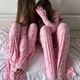 KYLETHOMASW  -  Bowknot Print Loungewear Comfy Soft Button Up Blouse Tops + Long Pants Women Autumn 2 Piece Set Sleepwear Cute Pajama Suit