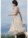 KYLETHOMASW  -  French Style Fairy Dresses for Women Print Ruffle Square Neck Elegant Dress Summer Female Puff Sleeve Flower Retro Vestidos Lady