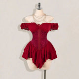KYLETHOMASW  -  Jacquard Splicing Pleated Ruffle Edge Off-the-shoulder Multi-layer Ruffle Edge Hem A-word Chiffon Mini Dress
