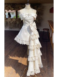 KYLETHOMASW  -  France Elegant Warm Sweet Elegant Slim Off Shoulder Women's Dresses Summer Designer Thin Bow Lace Princess Trailing Dress New
