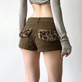 KYLETHOMASW  -  Autumn/Winter Retro Furry Leopard Pattern Spliced Corduroy Shorts for Women Low Waist Slim Sexy Spicy Girl Pocket Hot Pants