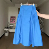 KYLETHOMASW  -  Elegant Party A-Line Skirt for Women Summer Blue High Waist Flared Skirt French Big Swing Pleats Midi Skirt Mujer Faldas 572A