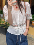 KYLETHOMASW  -  Korean Chic Summer French Ethnic Embroidery Flower Pleat Drawstring Waist Cinching Slim Versatile Short Sleeved Shirt