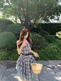 KYLETHOMASW  -  Korean Blue Plaid Camisole Dress Women's Summer Original Design Slim Paneled Irregular Dress Casual High-street Fashion Clothes