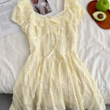 KYLETHOMASW  -  French Sweet Puff Sleeve Women Dress Elegant Casual Fashion Waist Vestidos Lace Exquisite Simple Square Neck A Line Cute Skirt