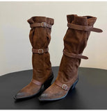 KYLETHOMASW  -  Vintage Pleated Belt Buckle Faux Suede Women Knee High Boots Autumn Winter Fashion High heels Western Cowboy Knight Boots Shoes