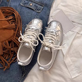 KYLETHOMASW  -  Women Sneakers Spring Summer New Leather Sweet Fashion Casual Flats Women Lace-up German Training Shoes Women Silver 321