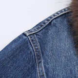 KYLETHOMASW  -  Dark Wash Denim Jacket with Removable Faux Fur Collar Women Cropped Long Sleeve Casual Y2K Korean Fashion Cowboy Coat