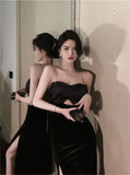 KYLETHOMASW  -  Sexy Backless Black Diamond Straps Dress Women French Hepburn High Split Velvet Dress Sleeveless Hollow Out Evening Party Dress