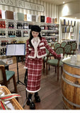 KYLETHOMASW  -  Wool Skirt Set Lady Christmas Knot Day Atmosphere Checkered Coat With Skirt Suits Autumn/Winter Red Grid Hairy Small Fragrant