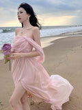 KIylethomasw Summer Pink Elegant Pleated High Waist Split Long Dress Women Fashion Backless Halter Strapless Fairy Dress Female 2024 Vestido