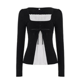 KYLETHOMASW  -  French Sweet Patchwork Contrast Color Fake Two Piece Slim Square Collar Long Sleeve Slim T-Shirts