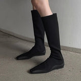 KYLETHOMASW  -  Flat Bottom Knee High Sock Boots Women Pointed Toe Stretch Fabric Long Booties Ladies Autumn Winter British Style Work Boots