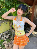 KYLETHOMASW  -  New Japanese Summer Orange Soda Print Strap Neck Sling Vest Vacation Style Splicing Fake Two-piece Top For Women