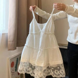 KYLETHOMASW  -  Korea Chic Sweet Solid Lace Sling Dress French Style Patchwork V Neck Slim Robe Harajuku Streetwear Personalized Casual Vestidos