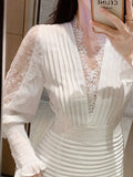 KIylethomasw New Fashion Runway Party Dress Women Sexy V Neck Long Lantern Sleeve Lace Stitching Chiffon Bodycon Mermaid Pleated Vestidos