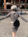 KYLETHOMASW  -  Y2K Sweet Knitted Skirt Suits Elegant Long Sleeves Single Breasted + Slim Waist Mini Skirt Womens Two Pieces Set Female Clothing