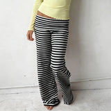 KYLETHOMASW  -  Y2K Fold Over Wide Leg Pants Preppy Women Striped Patchwork Low Waist Trousers Female Casual Lounge Yoga Sweatpants