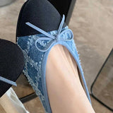 KYLETHOMASW  -  New Designer Blue jeans bow flat shoes woman round toe cloth patchwork flats plaid sewing moccasins denim loafers for women