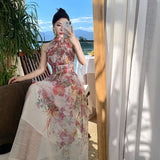 Kylethomasw -  Ladies Elegant Floral Bandage Evening Dress Summer Fashion Halter Sleeveless Women Sexy Nightclub Party Dress Vestidos Chic