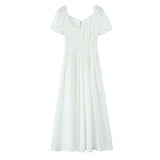 KYLETHOMASW  -  Holiday White Bow O neck Elastic Body Puff Sleeve Long Dress Women Slim Ruched Waist A-lined Swing Dresses Summer Robe Vestidos